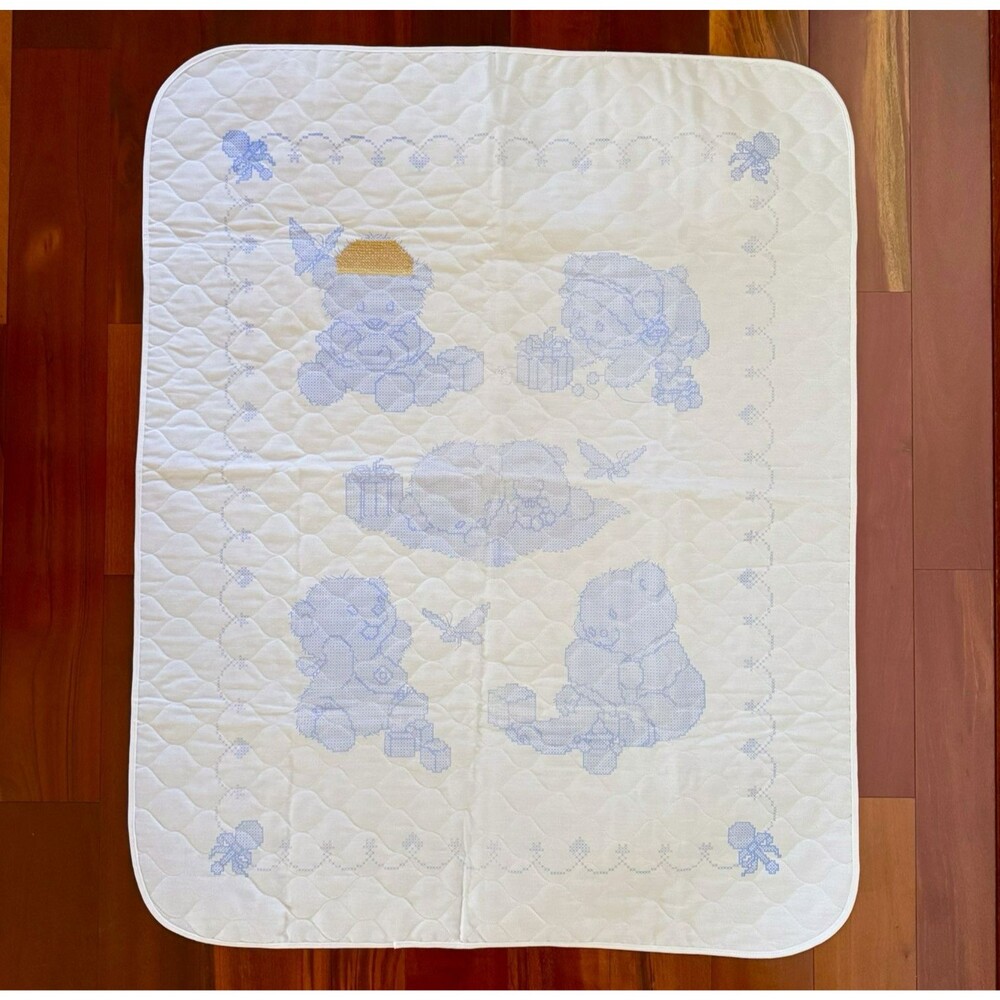 Cross Stitch Baby Nursery Quilt Teddy Bears 34" x  43” Stamped UNFINISHED